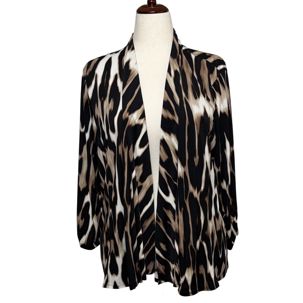 Chicos Cardigan Women XXL 4 Black Tan Animal Print Open Front Stretch 3/4 Sleeve